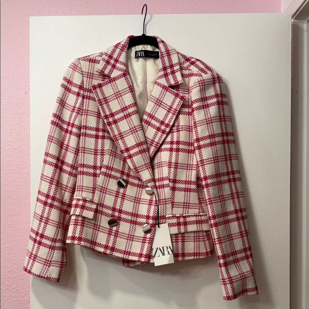 Zara Women's Pink and White Plaid Blazer